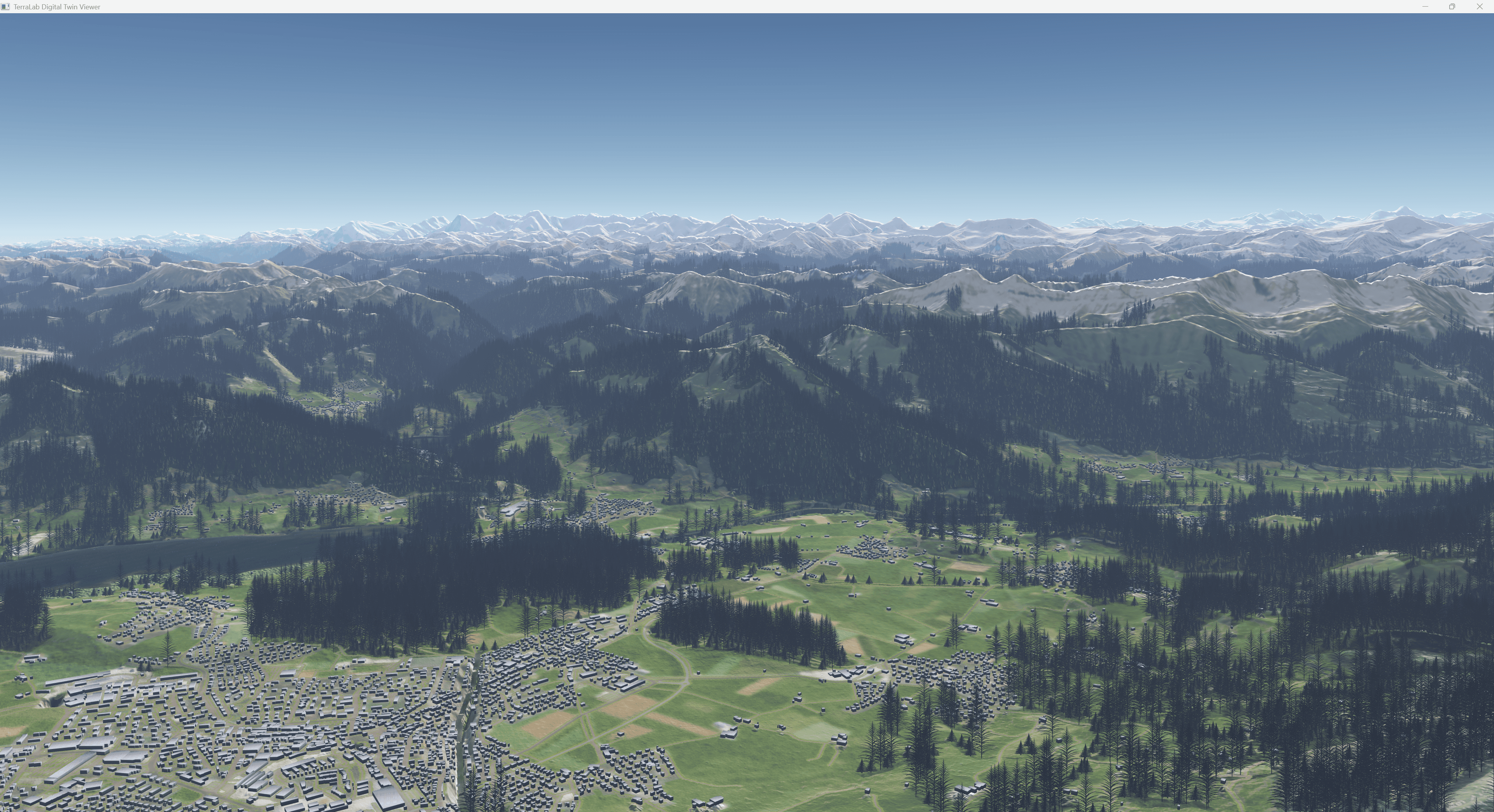 Digital Twin 3D render: Alps with buildings and vegetation